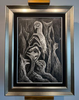 tableau représentant un homme et une femme dans une grotte, avec un oiseau posé sur l'épaule de l'homme