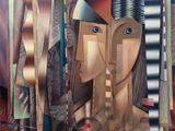 peinture abstraite représentant une femme portant un chapeau et une écharpe devant une fenêtre