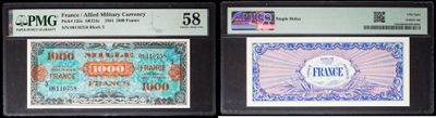 three different types of currency are on display in a display case