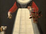 portrait of a young girl with a basket of flowers and a dog