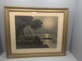 une photo d'un tableau représentant une scène de plage avec des arbres
