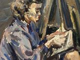 une peinture à l'huile représentant une femme assise sur une chaise en train de lire un livre
