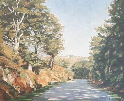 a painting of a road with trees on both sides of it