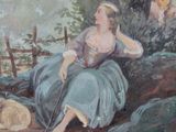 a painting of a woman sitting on the ground with a dog