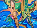 tableau représentant un arbre et un oiseau dans un ciel bleu