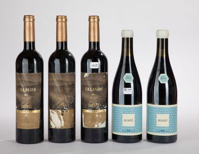 cinq bouteilles de vin sont alignées sur une surface blanche