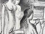 drawing of a woman sitting in front of a mirror with another woman standing next to her