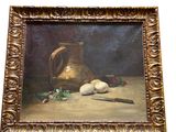 tableau représentant une nature morte avec un pichet et des œufs posés sur une table