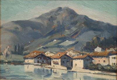painting of a village by a river with a mountain in the background