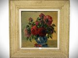 a painting of roses in a blue and white vase