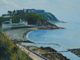 un tableau représentant une vue sur une plage depuis une colline