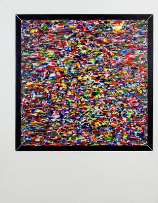 an abstract painting of multicolored paint on a white wall