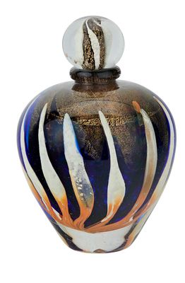 a glass vase with a black and orange design on it
