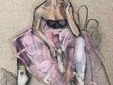 tableau représentant une femme en robe rose en train de fumer une cigarette