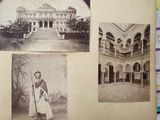 an old photo of a woman standing in front of a building