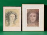 two framed portraits of a woman and a man on a green background