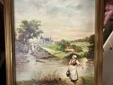 someone is holding a painting of a woman and a dog by a river