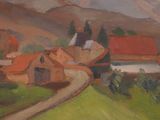 painting of a rural village with a winding road in the foreground