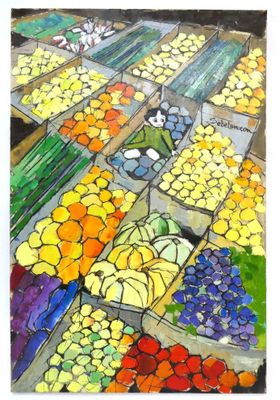 une peinture de fruits et légumes exposés sur un marché