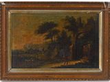 an oil painting of a landscape with trees and a man in the distance