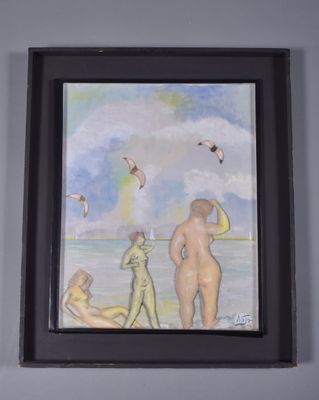 un tableau accroché au mur d'une salle de bains, représentant un homme et une femme