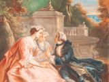 an image of a painting of a man and a woman sitting on a bench