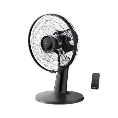 a black fan with a remote control in front of a white background