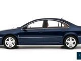 the blue car is parked in front of a white background