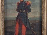 an old painting of a man in uniform holding a rifle