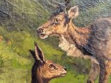 an oil painting of a deer and a deer laying down in the grass
