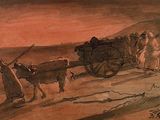 painting of a group of people walking down a dirt road with a cart pulled by a cow