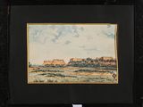 un tableau représentant un paysage avec des maisons et une rivière au premier plan