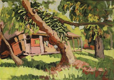 une peinture à l'huile représentant une maison dans un champ, avec un arbre au premier plan