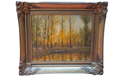 une peinture à l'huile représentant une scène forestière avec un lac et des arbres