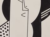 a black and white drawing of a woman ' s face