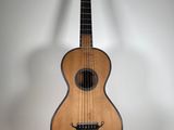 a close up of a guitar on a stand against a white background
