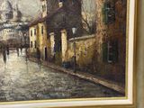 a painting of people walking down a street in the rain