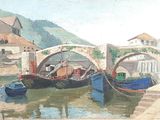a painting of boats in a harbor with a bridge in the background