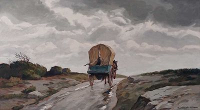 a painting of two people riding on a horse drawn carriage