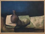peinture représentant un vase et des poires posés sur un coussin posé sur une table