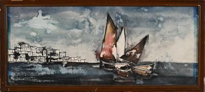 un tableau représentant un voilier sur l'eau, avec une ville en arrière-plan