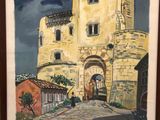 peinture représentant un vieux bâtiment avec un portail devant