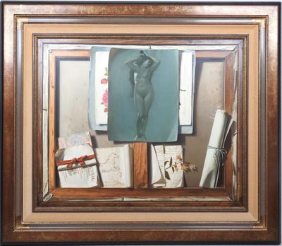tableau encadré représentant une femme nue dans un miroir