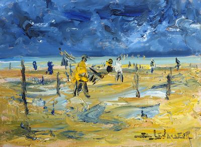 une peinture représentant un groupe de personnes sur la plage