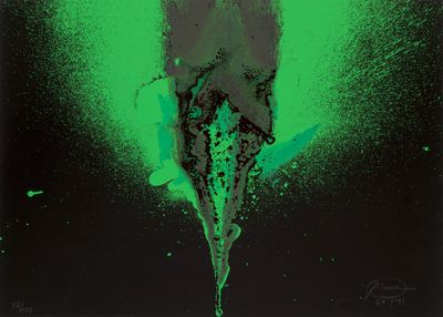 an image of a black and green painting of a person on a surfboard