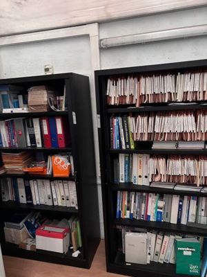 deux bibliothèques noires remplies de livres dans une pièce