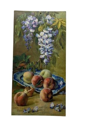 une image représentant un tableau où l'on voit des fruits et des fleurs posés sur une table