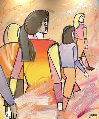 a painting of a group of people walking down the street
