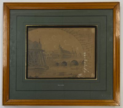 an old picture of a bridge over a river with a building in the background