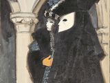 an image of a painting of a woman in a black dress and a mask
